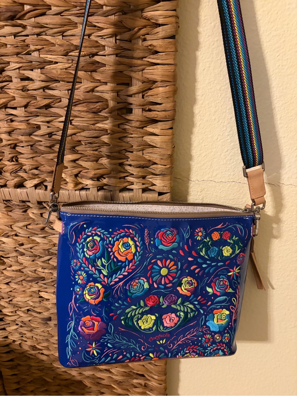Consuela Blue Floral Embroidered Crossbody with Rainbow Strap